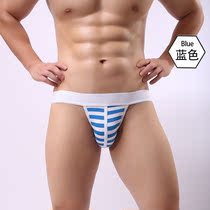 (Two pieces) mens sexy striped breathable cotton U-convex double dingt pants cotton buttocks buttocks hips and open panties