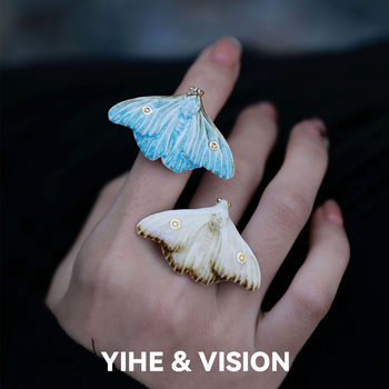 Yihe Original Design[Ash Frost Moth]Yellow and Blue Moth Versatile Everyday Artistic Ceramic Ring