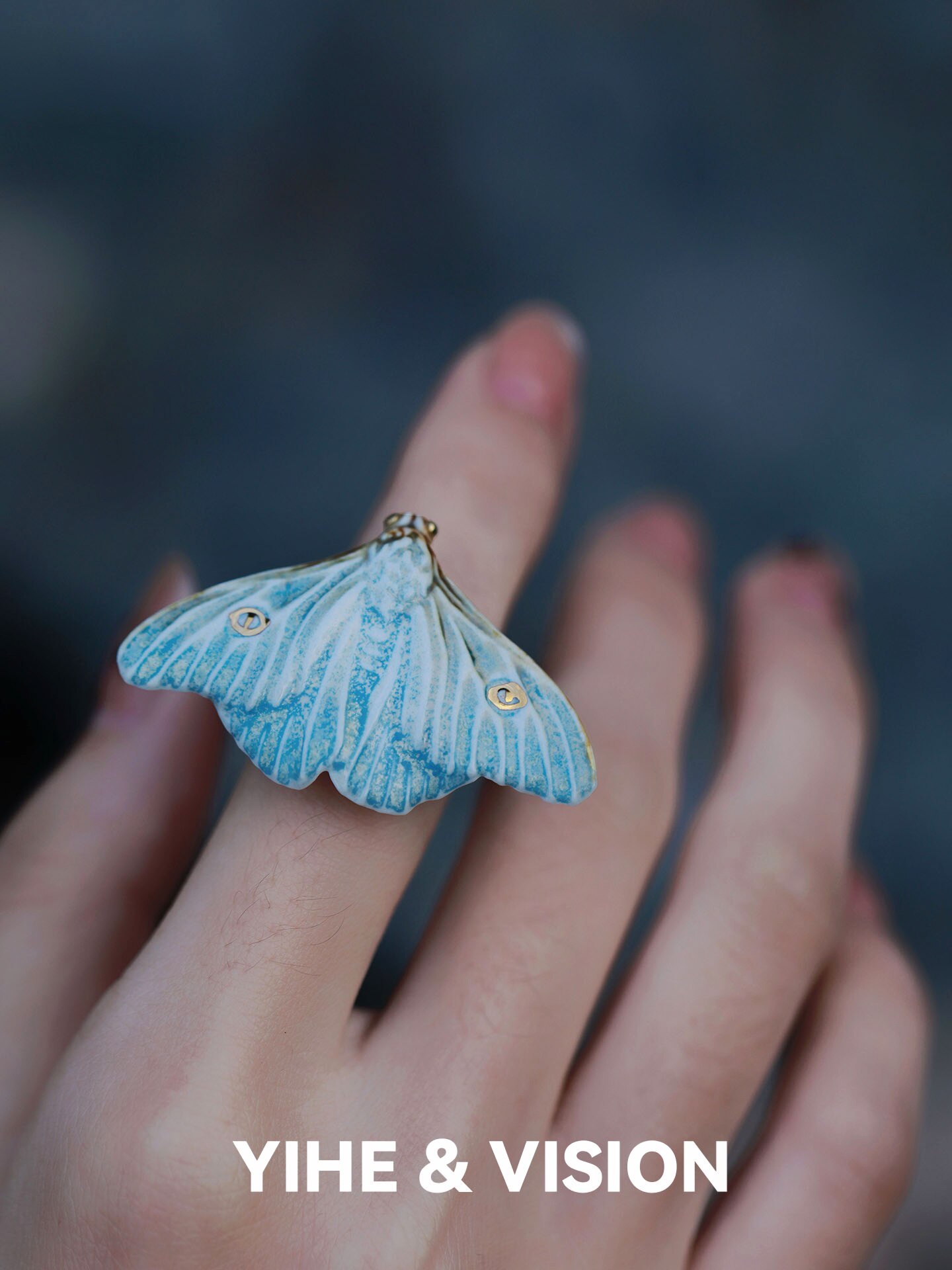 YIHE Yihe original design Ember Frost Moth yellow and blue moth versatile daily literary and artistic ceramic ring