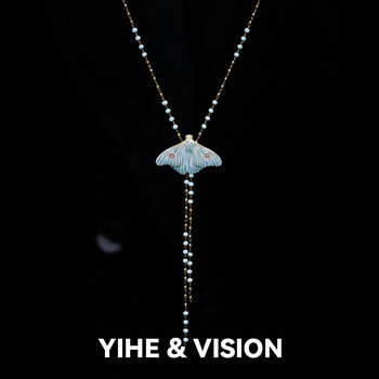 Yihe Original Design [Ash Frost Moth] Artistic Niche Easy-To-Match Blue Ceramic Necklace Sweater Chain