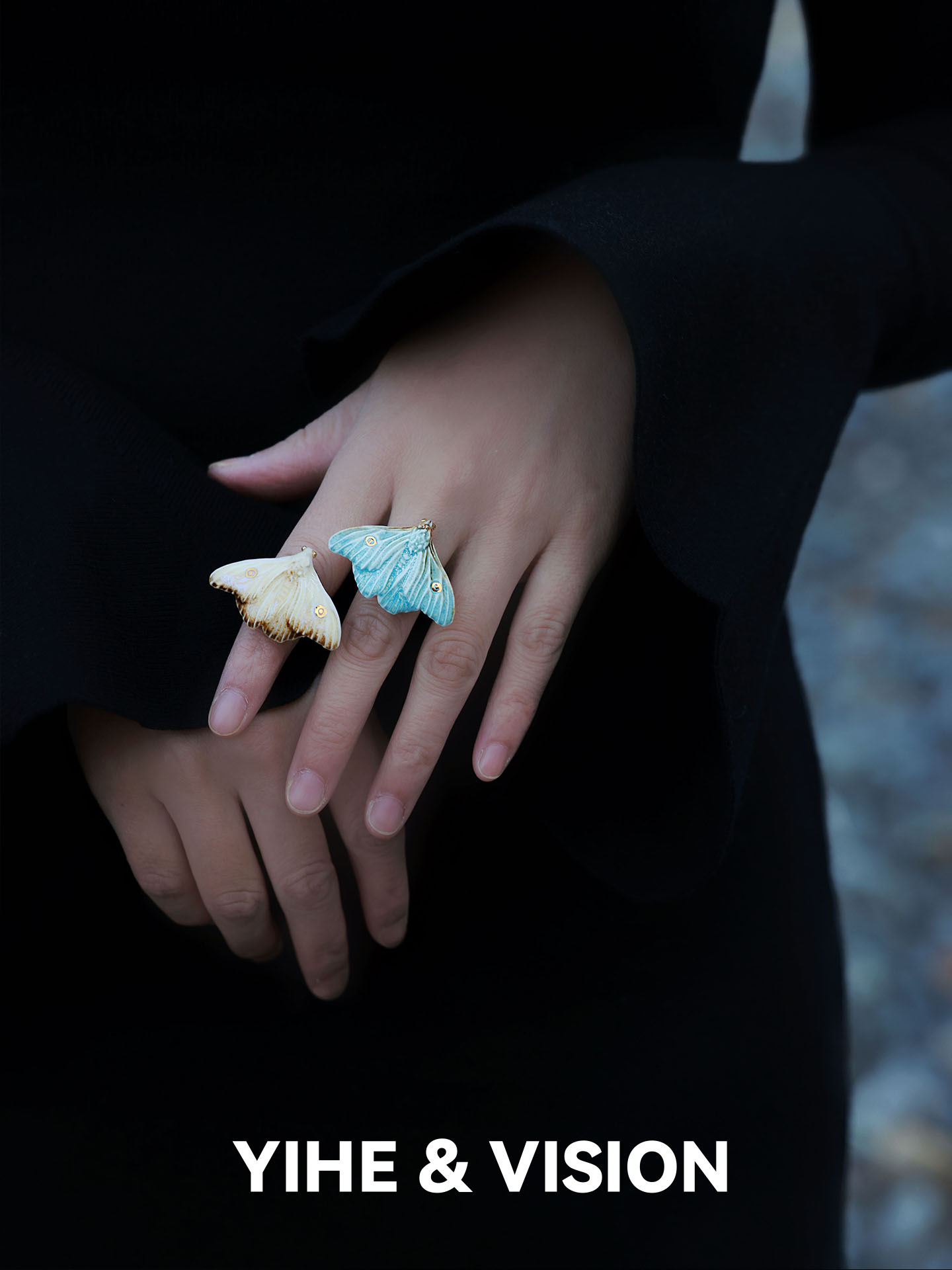 YIHE Yihe original design Ember Frost Moth yellow and blue moth versatile daily literary and artistic ceramic ring