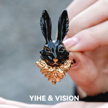 Yihe Original Design [Golden-Tailed Rabbit] Black Rabbit Niche Dark Style Gentlemanly Ceramic Open Ring