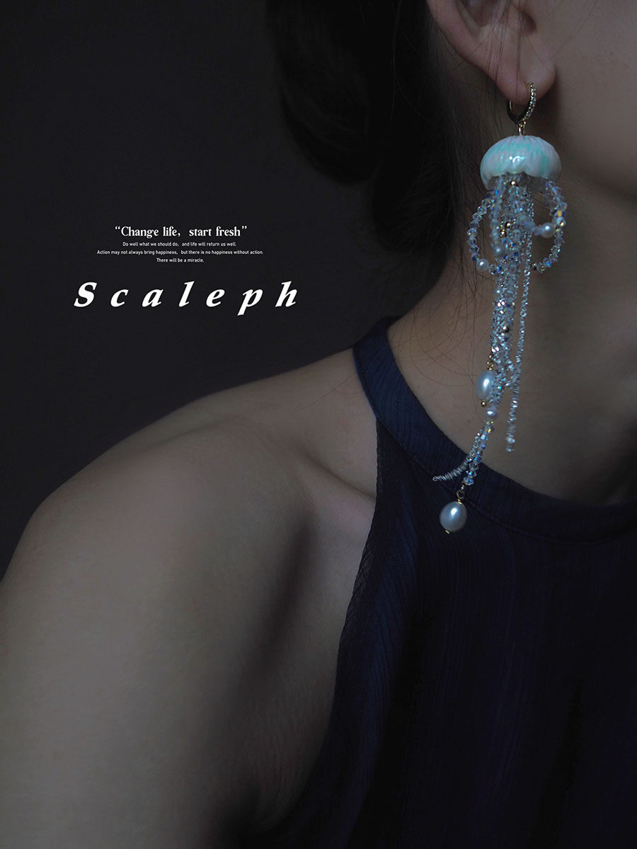 YIHE original design jellyfish sparkling personality ceramic crystal natural pearl long earrings