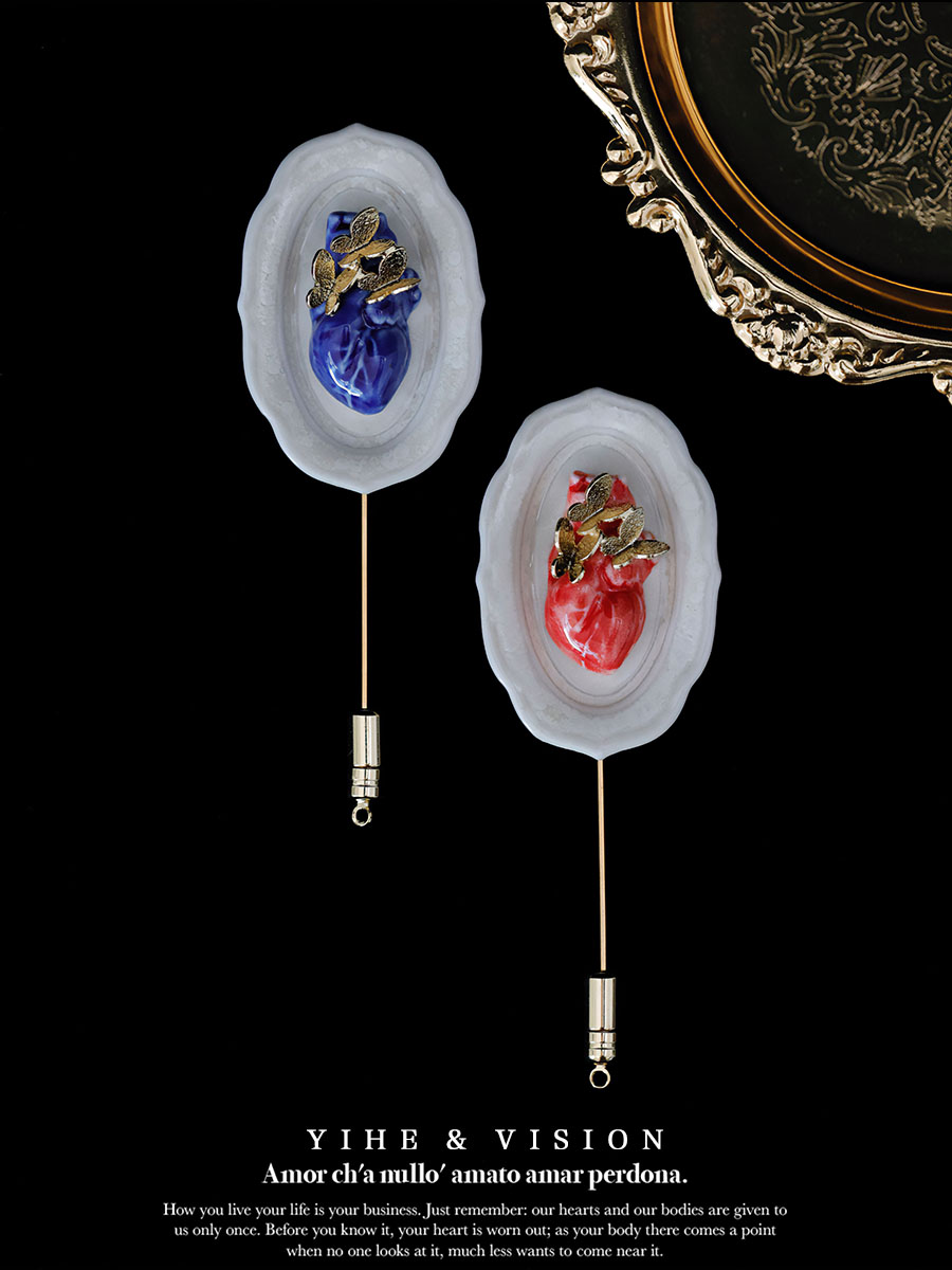 YIHE Original Design Devil's Dinner New Niche Personalized Heart Ceramic Brooch for Men and Women Couples