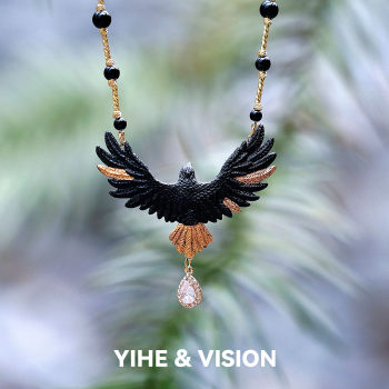 Yihe Original Design [Golden-Tailed Black Eagle] Jingdezhen Artistic Niche Emotionally Expressive Beaded Ceramic Necklace