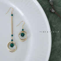 YIHE original design vintage emerald asymmetrical crystal long and short temperament drop earrings ear jewelry