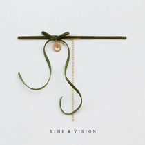 YIHE original design Elegant retro fresh playful forest green little fairy bow velvet choker