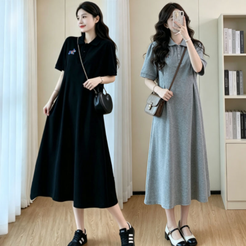 Plus Size Women's Clothing for Chubby Girls, Loose Fit, Slimming, Tummy-Covering, French Polo Collar, Embroidered Mid-Length Cotton Dress