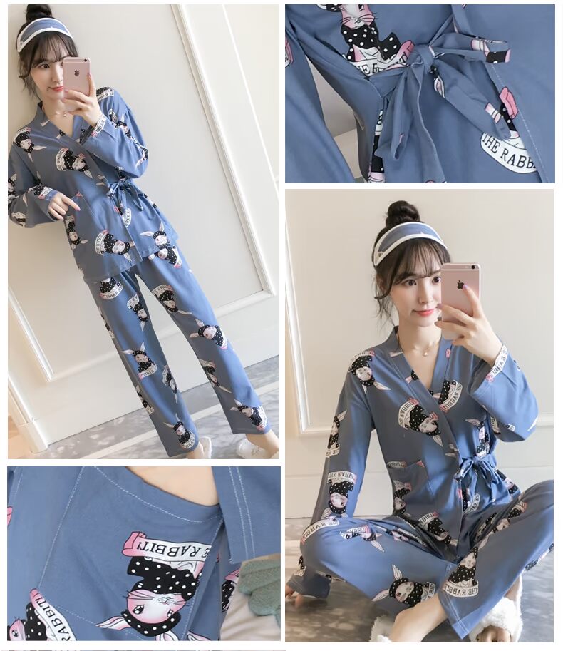 Mùa xuân và mùa thu Bộ đồ ngủ kimono của phụ nữ mùa hè cotton dài tay phần mỏng Bộ đồ dịch vụ tại nhà dễ thương của Nhật Bản có thể được mặc đồ bộ thun lạnh