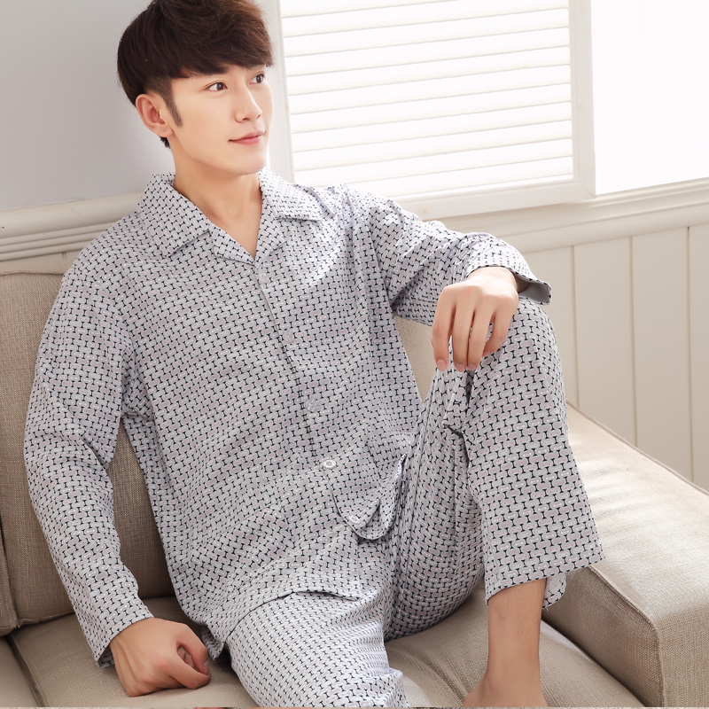 Mens đồ ngủ mùa xuân và mùa thu mens trung niên bộ đồ ngủ cotton bố tăng mã quần áo nhà cotton mùa hè mỏng.