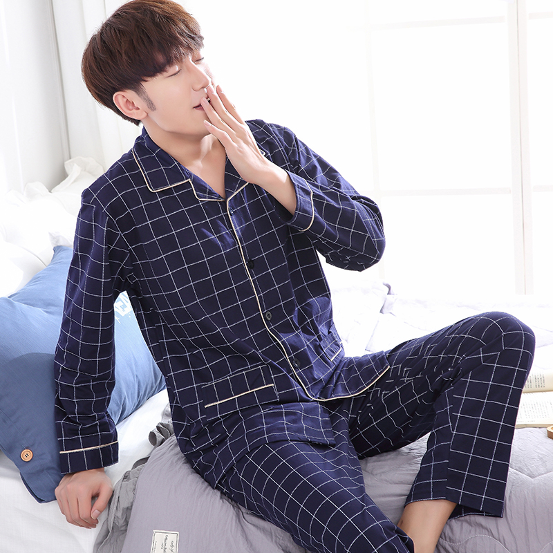 Mens đồ ngủ mùa xuân và mùa thu mens trung niên bộ đồ ngủ cotton bố tăng mã quần áo nhà cotton mùa hè mỏng.