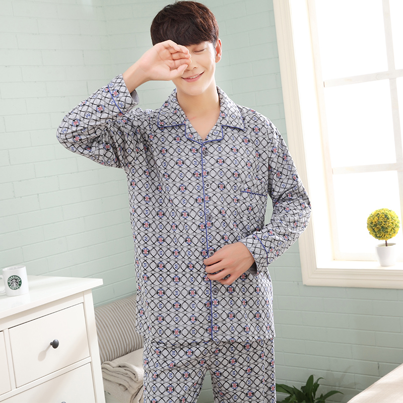 Mens đồ ngủ mùa xuân và mùa thu mens trung niên bộ đồ ngủ cotton bố tăng mã quần áo nhà cotton mùa hè mỏng.