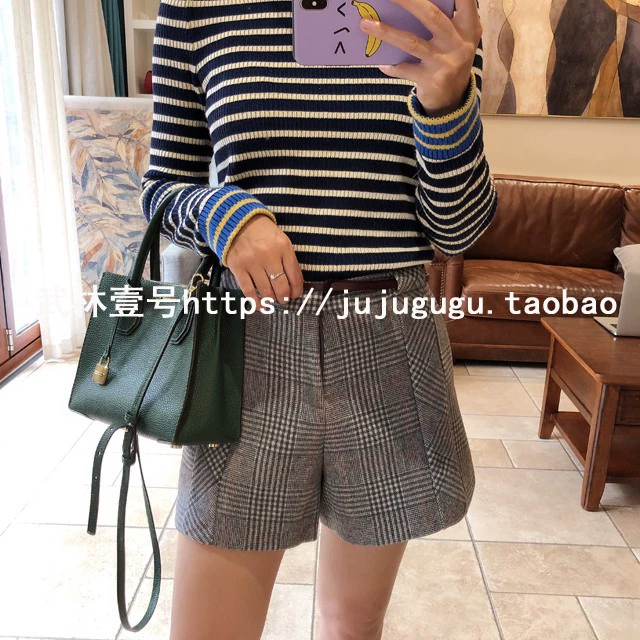 Xuất khẩu duy nhất gió Anh chân mỏng chiều dài kẻ sọc len Một chiếc quần short eo cao gửi thắt lưng da