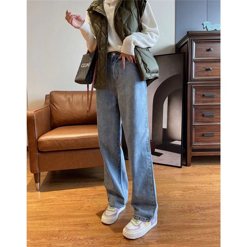 1 m 8 GAS FIELD DU HOME LIGHT BLUE STRAIGHT DRUM JEANS WOMAN HIGH WAIST WIDE PANTS CASUAL LOOSE SPRING AUTUMN 2021