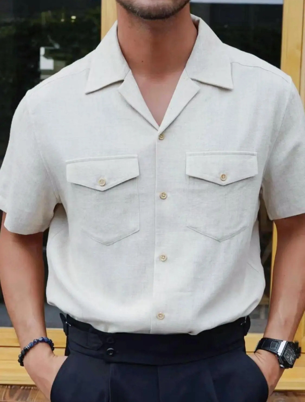 Summer New Men's Retro Gentleman Cuban Collar Short-Sleeved Thin Solid Color Shirt Sweat-Absorbent and Breathable Olive Green Shirt
