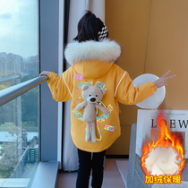Girls autumn and winter jacket plus velvet warm middle child down cotton clothes childrens cotton-padded clothes Winter bear cotton-padded jacket reflective