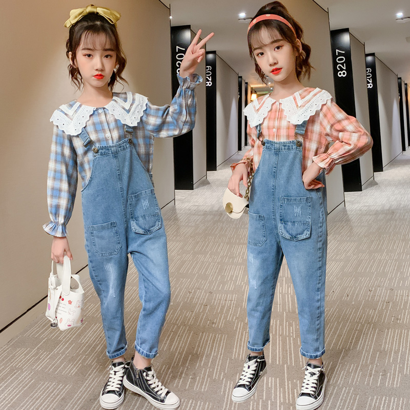 Girl Spring Dress Denim Cuddling Bag Pants Loose 2021 New Children Suit Hanging Strap Pants CUHK Boy Long Pants Plaid Shirt