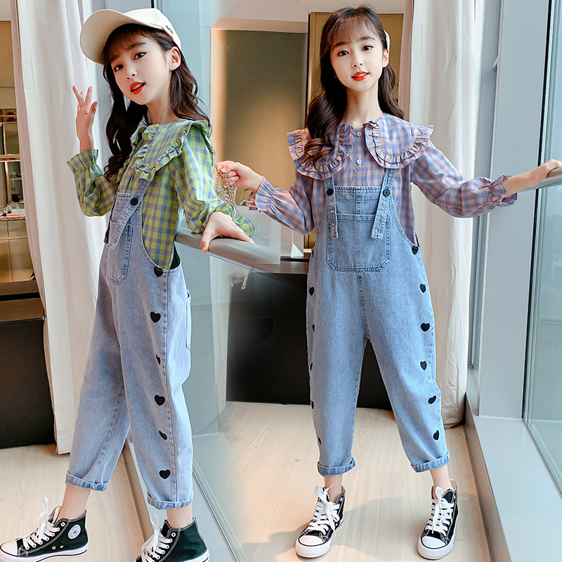 Girls hold baby bag pants suit Large children love suspenders Children's jumpsuits spring and autumn net red plaid shirt tide