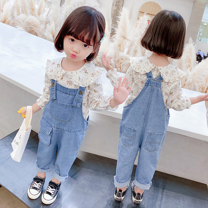 Girls hold baby bag pants net red new children's long-sleeved shirt female baby suspenders jeans jumpsuits