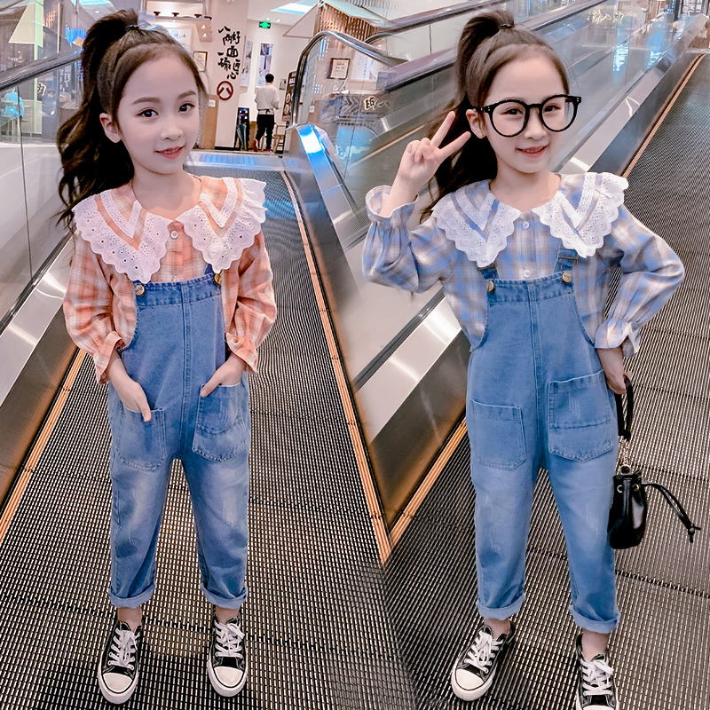 Girls with pants and pants red 2021 new children's pants suit in big children's jeans gas shirt