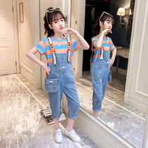 Girls summer dress denim pants new childrens summer stripe short sleeve medium child suspenders set to send bag