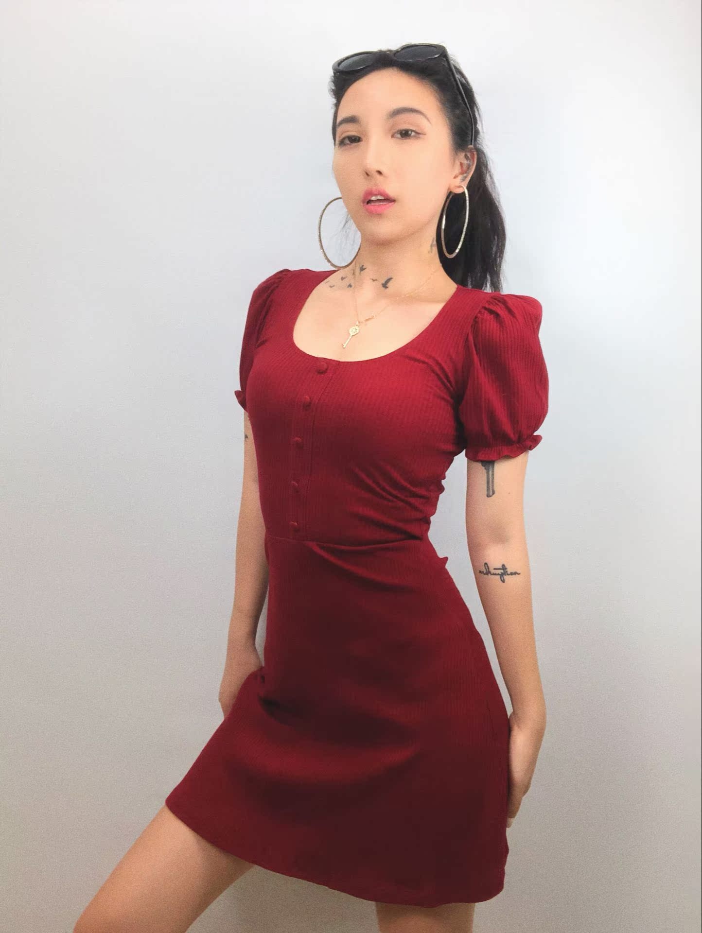 []] ngực hàng của tay áo phồng Một từ dễ thương ngắn tay đầm 8058-18 mẫu đầm chữ a