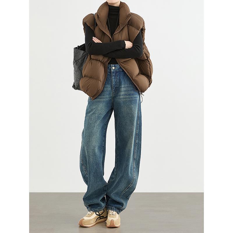 White in Vintage Blue Banana Jeans for Women, Autumn and Winter, Extra Long, Loose Wide-Leg Pants, High-Waisted, Slimming, Curved Sickle Pants