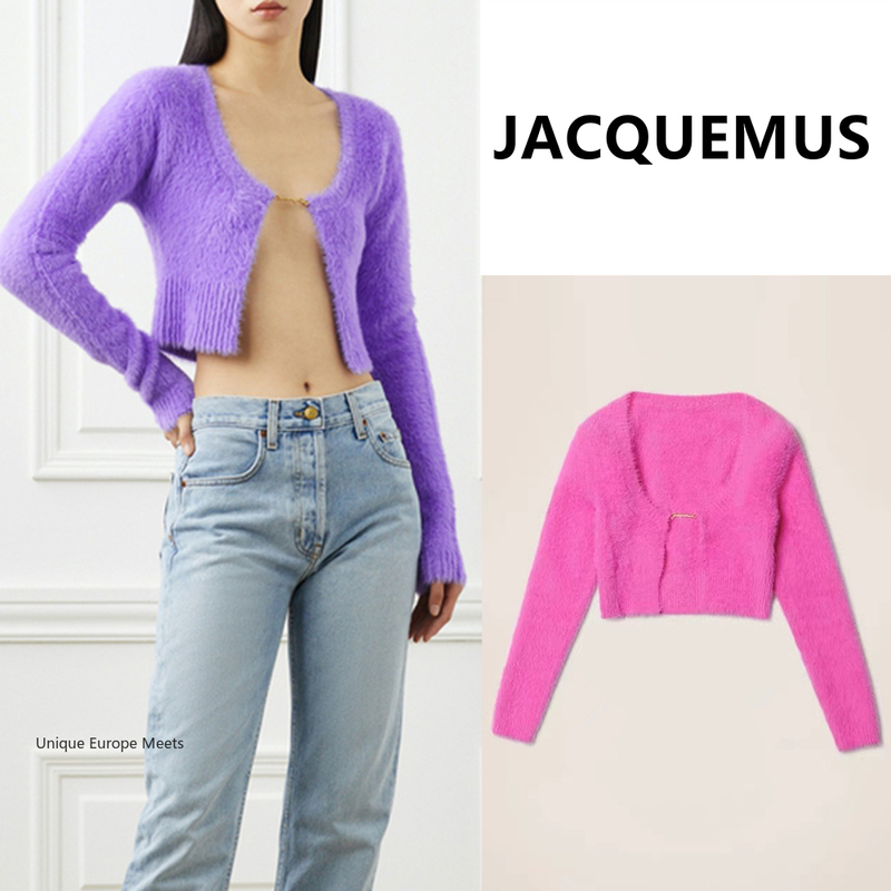 Jacquemus Mohair Knitwear, Same Style as Zhang Tian'Ai, Short Long-Sleeved Cardigan with Metal Buckle Logo