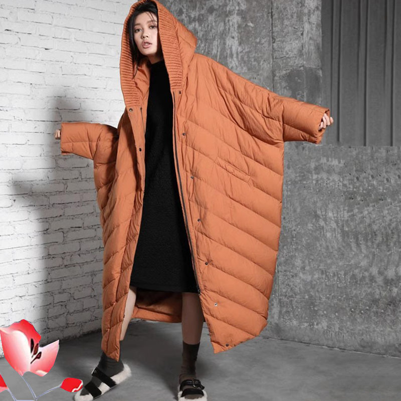 Fashionable Batwing Sleeve Plus Size Women's Clothing, Extra Long and Thick Hooded down Jacket for Women, New Winter Loose and Warm Coat