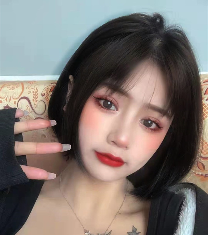 Thin, Fully Hand-Woven Lace, Short Hair, Inner Buckle, Slightly Curly Hair, Thin Bangs, Full Human Hair, Fashionable and Can Be Permed and Dyed