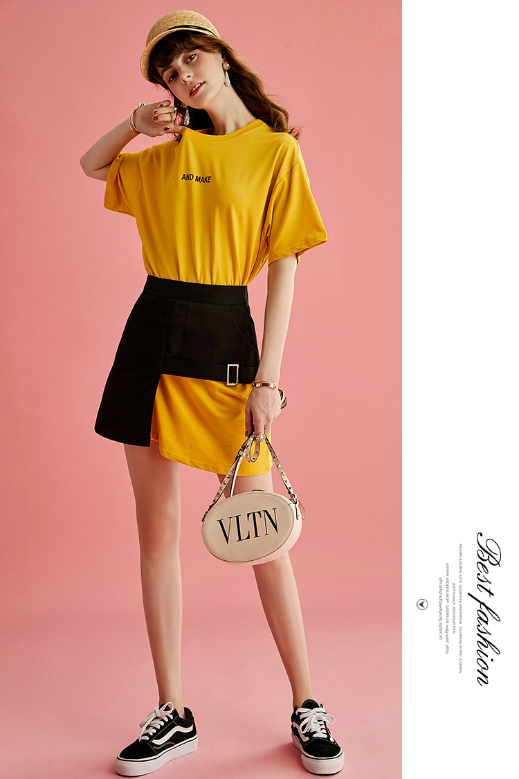 MIUCO nữ 2019 hè mới in chữ dài áo thun + váy không đều váy - Váy eo cao 	váy eo con kiến	