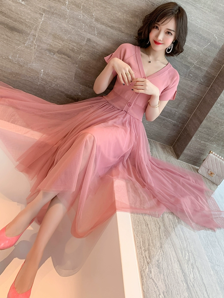 MIUCO dành cho phụ nữ và phụ nữ phong cách phía trước và phía sau cổ chữ V dệt kim khâu lưới giả váy hai mảnh của phụ nữ mùa xuân và mùa thu 2021 - váy đầm