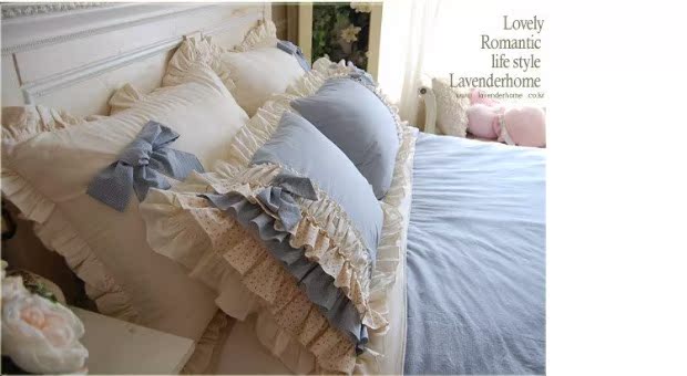 nhập khẩu Hàn Quốc mua nhiều flounced hoa Địa Trung Hải xanh kẻ sọc nơ ren công chúa giường ngủ ở một gia đình bốn - Bộ đồ giường bốn mảnh chăn ga gối đệm cưới