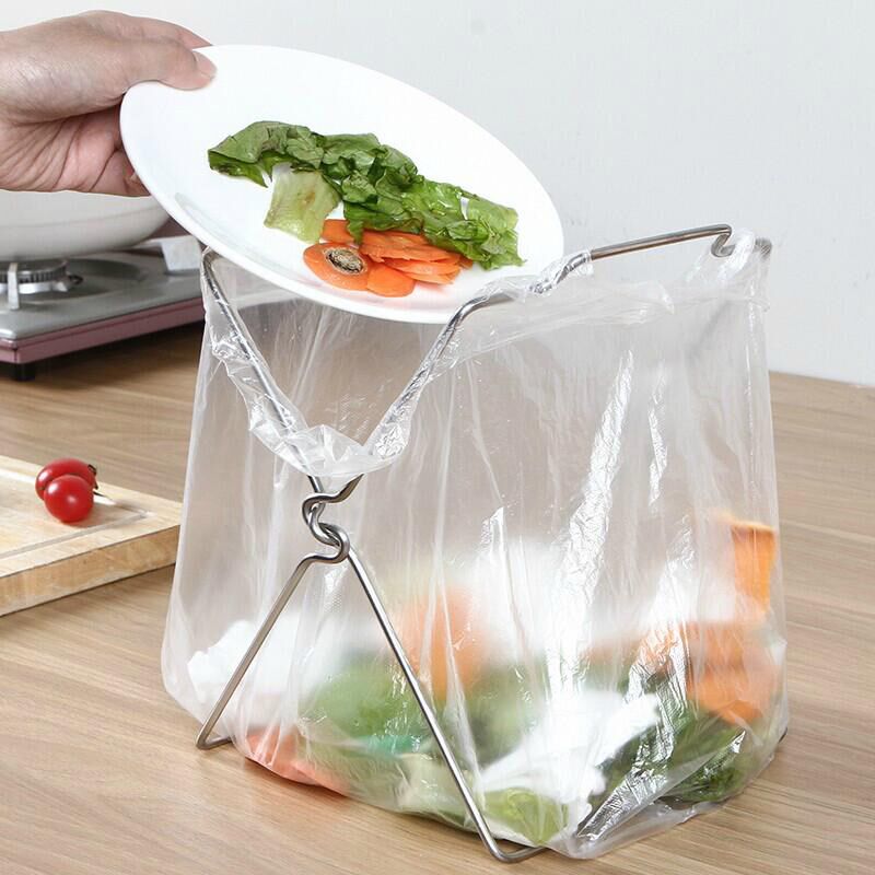 Stainless steel folding kitchen garbage rack Garbage bag rag rack Desktop plastic bag reuse shelf Trash rack