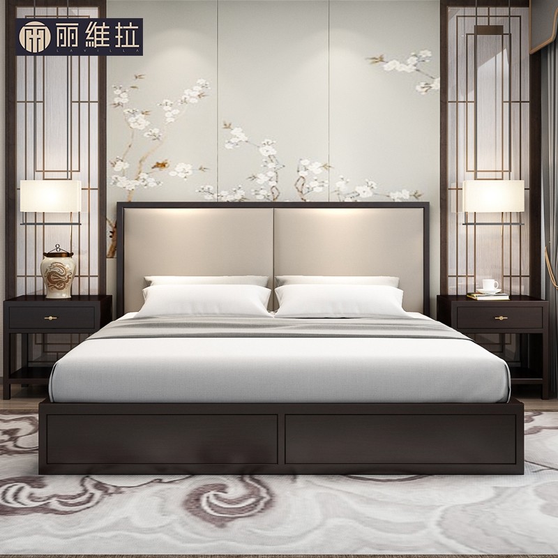 New Chinese solid wood bed 1 8 m double high box cloth art bed modern minimalist master bedroom with light and luxurious bedside custom-made furniture