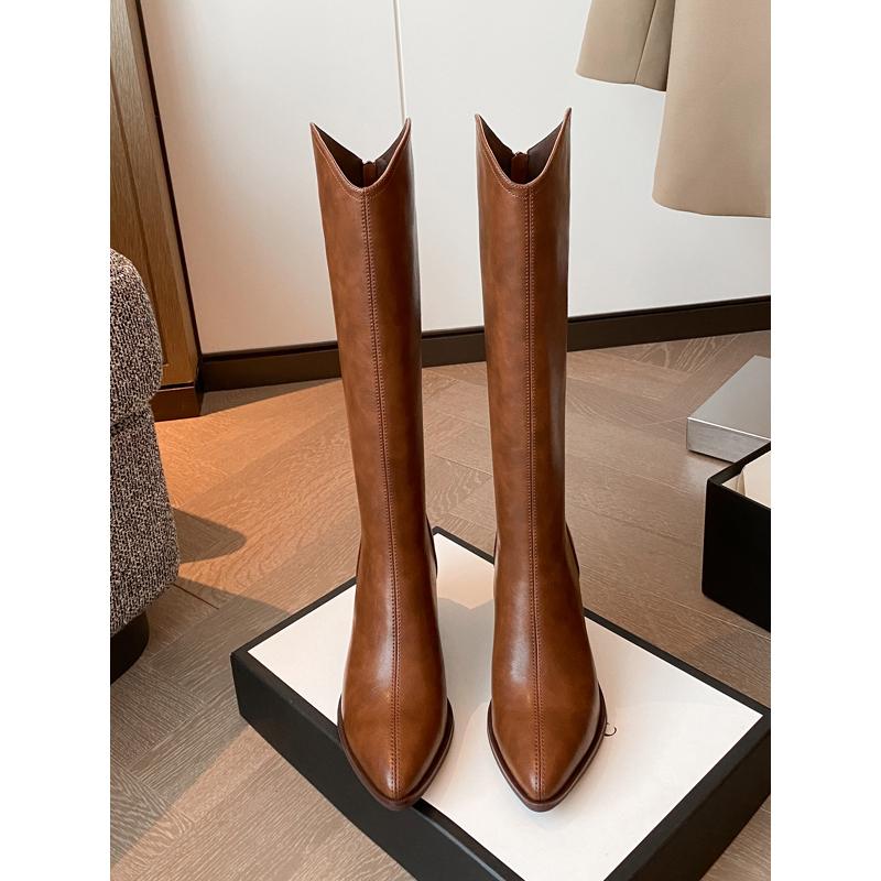百搭性感女士高跟骑士靴2025秋冬新款粗跟靴子V口高筒不过膝长靴解析