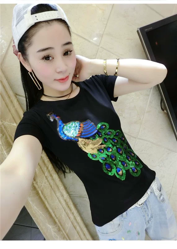 Siêu kích thước nữ béo mm2018 mùa hè mới 200 pounds chất béo chị công thêu sequin áo thun ngắn tay hàng đầu