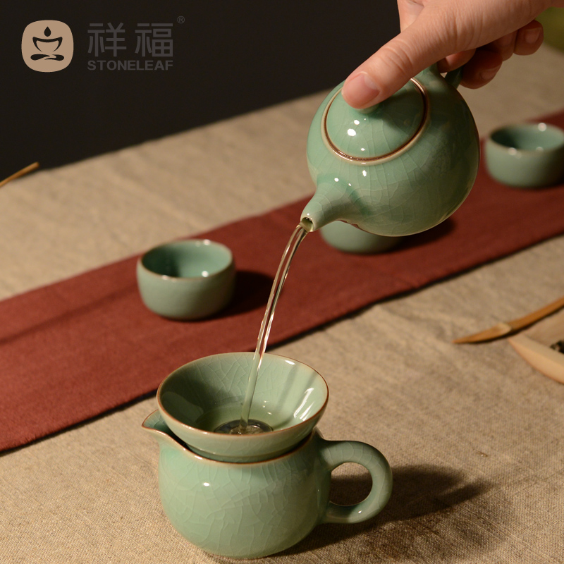Brother happy auspicious of longquan celadon pot of ceramic tea set manually single pot of large teapot tea zero with the teapot