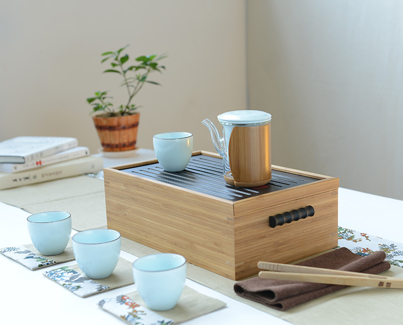 Auspicious blessing, glass tea set bamboo tea tray was portable kung fu tea set of a complete set of is suing ceramic gift set travel home