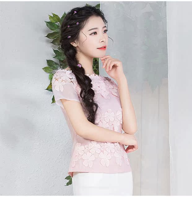 Khói SD2019 mùa hè mới của phụ nữ khí chất voan ren khâu áo sơ mi ngắn tay áo thun áo sơ mi nữ tay ngắn