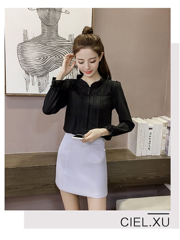 Xuân 2018 và áo sơ mi nữ mới mùa xuân cổ áo tay dài ren khâu áo sơ mi mùa xuân áo sơ mi mỏng áo công sở nữ