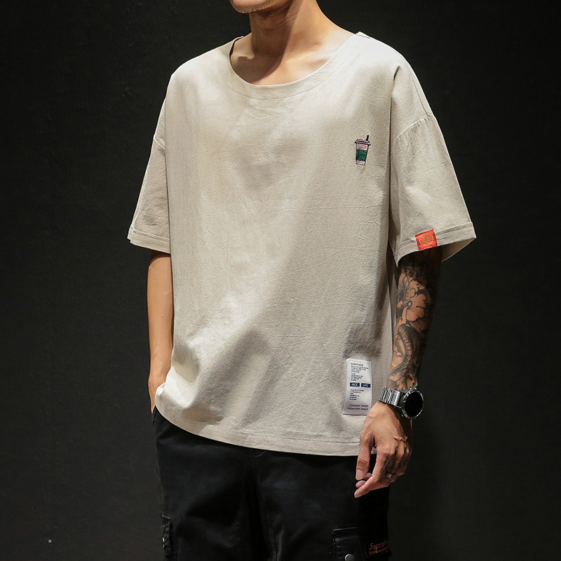 Linen short-sleeved men's cotton linen T-shirt Chinese style men's linen half-sleeve top Loose large size T-shirt T-blood small shirt tide