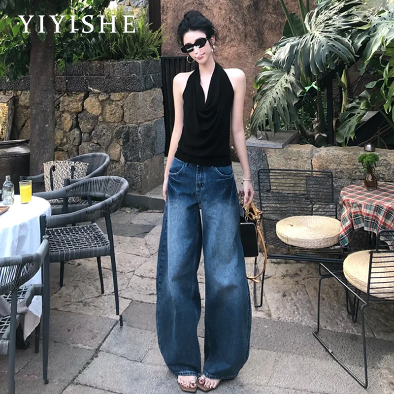 American-Style Dark Blue Curved Hem Wide-Leg Jeans for Women, 2026 Spring New High-Waisted Slimming Loose Straight-Leg Floor-Length Pants