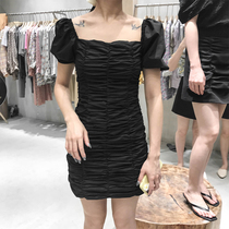 2021 summer new bubble short-sleeved pleated slim slim a word halter French retro plaid dress