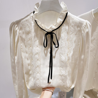 2025新款韩国气质显瘦立领木耳边系带蕾丝拼接加厚长袖衬衫女秋