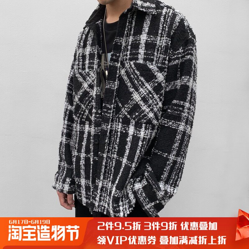 (Xiaoming brother with the same)ITSCLIMAX medium and long version of black and white plaid tweed woven shirt jacket couple