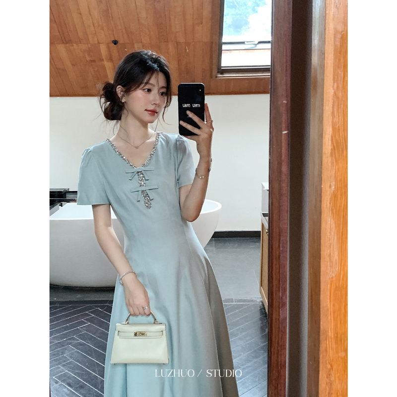 Aunt Lu and Uncle Zhuo's "Mary Hill" French-Style Blue V-Neck Dress for Women, Summer Elegant Dress