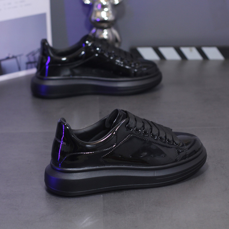 Spring and Autumn All-Black Couple's Versatile Casual Shoes Patent Leather Glossy Trendy White Shoes Thick-Soled Sneakers Men's Sneakers