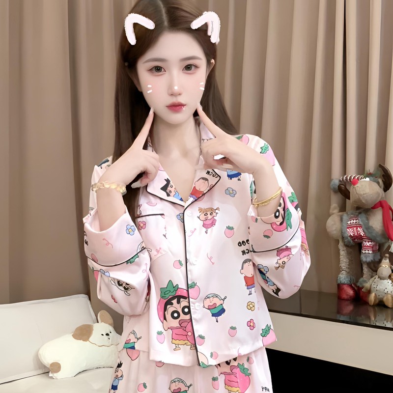 Strawberry Shin-Chan Long-Sleeved Ice Silk Pajamas for Women, New Autumn Style, Sweet and Cute Cartoon Loungewear Set That Can Be Worn Outside