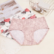 Ultra-thin-one-piece unscarred underpants lady summer ice silk mid-waist big code cute round point floral pants for underpants